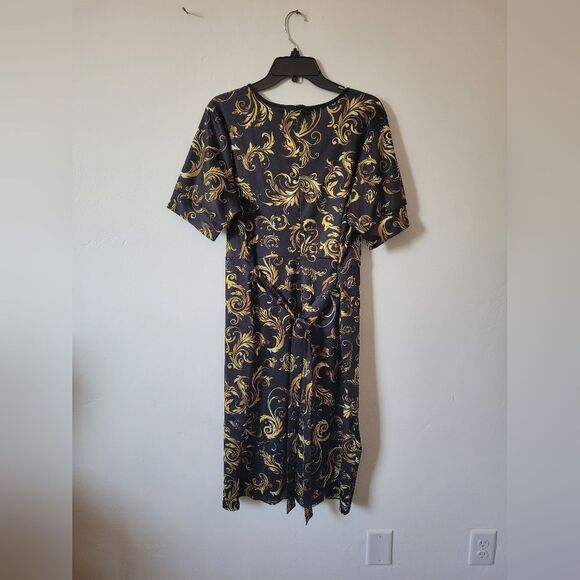 Formal Elegant Midi Dress Church Gold Black Half Sleeve Waist Tie Modest 2XL - Picture 7 of 10
